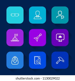 Modern, simple vector icon set on colorful long shadow backgrounds with glasses, account, technology, search, profile, buoy, musical, people, man, sea, music, web, construction, website, safety icons.