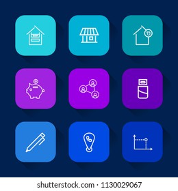 Modern, simple vector icon set on colorful long shadow backgrounds with finance, new, property, landlord, money, store, communication, cart, write, trolley, sign, business, market, coin, owner icons.