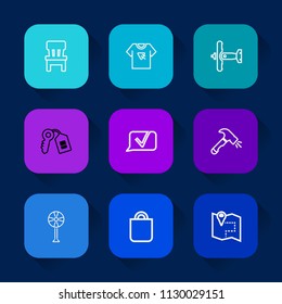 Modern, simple vector icon set on colorful long shadow backgrounds with chair, aircraft, ventilator, present, air, location, door, fashion, airplane, equipment, construction, electric, armchair icons.