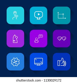 Modern, simple vector icon set on colorful long shadow backgrounds with chat, element, screen, location, technology, chessboard, strategy, route, road, glasses, circle, discount, media, good icons.