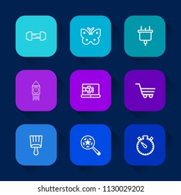 Modern, simple vector icon set on colorful long shadow backgrounds with big, business, magnifying, workout, ben, london, electricity, white, retail, activity, insect, active, butterfly, power icons.