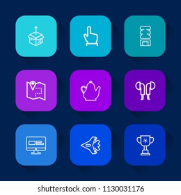 Modern, simple vector icon set on colorful long shadow backgrounds with shipping, music, tea, container, unpacking, box, jetliner, kettle, delivery, hand, location, pin, jet, drink, plane, road icons.