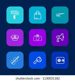 Modern, simple vector icon set on colorful long shadow backgrounds with music, repair, announcement, gun, cello, weapon, roll, cash, screwdriver, cap, roller, camera, paintbrush, construction icons.