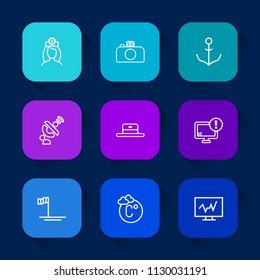 Modern, simple vector icon set on colorful long shadow backgrounds with hat, computer, sign, technology, internet, helm, rudder, cap, lens, beach, nautical, global, ocean, mexico, healthcare icons.