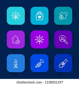 Modern, simple vector icon set on colorful long shadow backgrounds with white, screen, shovel, phone, craft, equipment, accessory, store, rocket, web, leather, travel, cutout, price, internet icons.