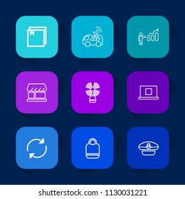 Modern, simple vector icon set on colorful long shadow backgrounds with technology, arrow, growth, captain, sailor, refresh, web, navigation, profile, archive, document, vehicle, sea, road, map icons.