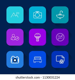 Modern, simple vector icon set on colorful long shadow backgrounds with extreme, furniture, video, web, clean, mountain, parachute, jump, camera, equipment, rock, faucet, sink, photography, tap icons.