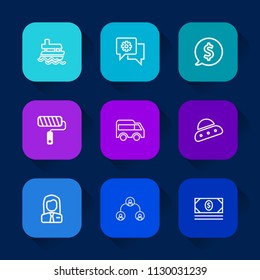 Modern, simple vector icon set on colorful long shadow backgrounds with sea, ship, left, communication, web, boat, tag, space, mobile, price, transport, frame, cash, vessel, tool, chat, people icons.