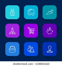 Modern, simple vector icon set on colorful long shadow backgrounds with park, trolley, medicine, technology, stationery, space, stamp, rocket, picnic, shovel, laboratory, retail, protection icons.