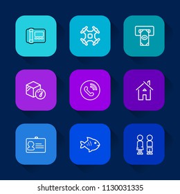 Modern, simple vector icon set on colorful long shadow backgrounds with identity, food, remote, business, control, style, stationary, machine, propeller, aerial, architecture, girl, finance, id icons.