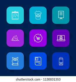 Modern, simple vector icon set on colorful long shadow backgrounds with background, drink, mug, frame, presentation, businessman, cappuccino, blank, technology, espresso, business, animal, id icons.