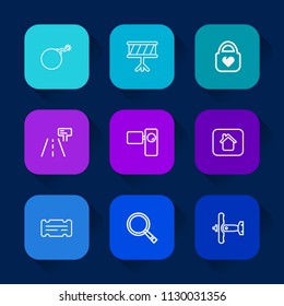 Modern, simple vector icon set on colorful long shadow backgrounds with leather, tripod, sign, street, fashion, war, music, destruction, background, saxophone, sound, style, falling, aircraft icons.