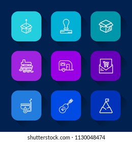 Modern, simple vector icon set on colorful long shadow backgrounds with box, list, vehicle, mountain, carton, home, snorkel, branding, unpacking, ocean, sky, boat, receipt, stationery, ship icons.