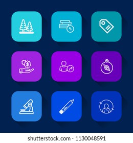 Modern, simple vector icon set on colorful long shadow backgrounds with price, dollar, wood, pine, quality, biology, tag, finance, business, research, pencil, plant, tree, cash, landscape, web icons.