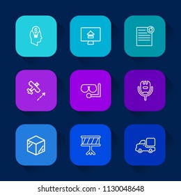 Modern, simple vector icon set on colorful long shadow backgrounds with karaoke, airplane, package, lorry, sea, mask, plane, instrument, equipment, transportation, musical, song, white, travel icons.