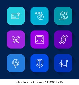 Modern, simple vector icon set on colorful long shadow backgrounds with button, arrow, equipment, pen, glass, web, list, document, canoe, internet, technology, communication, cash, dish, oar icons.