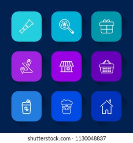 Modern, simple vector icon set on colorful long shadow backgrounds with building, sky, cocktail, star, cup, decoration, night, present, estate, universe, basket, coffee, web, sign, mug, road icons.