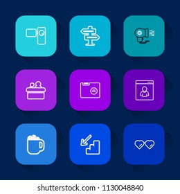 Modern, simple vector icon set on colorful long shadow backgrounds with room, sunglasses, drink, cup, cafe, video, down, coffee, vintage, upstairs, conference, hair, tripod, speaker, profile icons.
