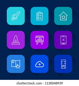Modern, simple vector icon set on colorful long shadow backgrounds with subscription, form, mark, connection, check, spaceship, test, click, container, infographic, cloud, step, astronaut, list icons.