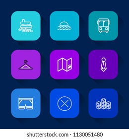 Modern, simple vector icon set on colorful long shadow backgrounds with sign, distribution, storage, sunset, sea, industrial, landscape, background, sunrise, speed, suit, road, outdoor, bus icons.