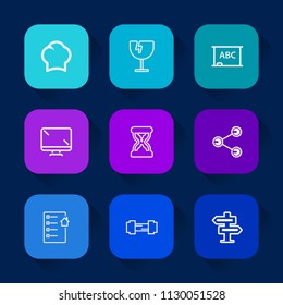 Modern, simple vector icon set on colorful long shadow backgrounds with monitor, doorknob, food, contract, shattered, chalkboard, share, hour, board, workout, display, real, cook, hanger, chief icons.