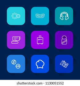 Modern, simple vector icon set on colorful long shadow backgrounds with spice, festival, celebration, audio, record, map, tv, food, chef, holiday, ingredient, mask, music, masquerade, web, sign icons.