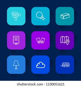 Modern, simple vector icon set on colorful long shadow backgrounds with pin, search, sea, transportation, camcorder, handle, camera, equipment, lens, movie, vehicle, magnifier, meeting, video icons.