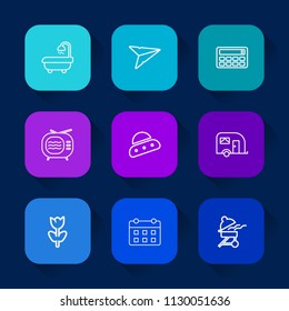 Modern, simple vector icon set on colorful long shadow backgrounds with house, flower, ship, van, timetable, white, space, calendar, tv, schedule, television, spaceship, floral, sink, nature icons.