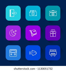 Modern, simple vector icon set on colorful long shadow backgrounds with baggage, bag, first, fish, button, cash, finance, money, emergency, spy, coin, night, food, technology, sign, door, arrow icons.