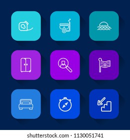 Modern, simple vector icon set on colorful long shadow backgrounds with compass, web, national, sunrise, downstairs, america, up, friction, bedroom, sea, account, sport, snorkel, duct, internet icons.