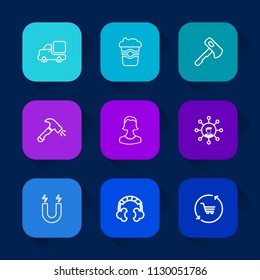 Modern, simple vector icon set on colorful long shadow backgrounds with cafe, headset, tool, coffee, transport, screwdriver, technology, shovel, van, caffeine, truck, trolley, magnetic, cargo icons.