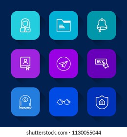 Modern, simple vector icon set on colorful long shadow backgrounds with eyesight, home, glasses, people, protection, monster, paper, property, message, file, internet, job, recruitment, book icons.