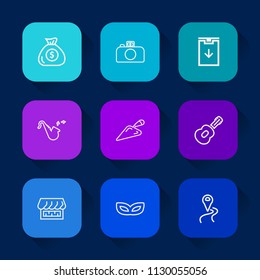Modern, simple vector icon set on colorful long shadow backgrounds with navigation, photo, lens, financial, construction, trumpet, shovel, investment, masquerade, business, bank, party, bugle icons.