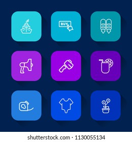 Modern, simple vector icon set on colorful long shadow backgrounds with fashion, investment, audio, loud, growth, summer, loudspeaker, bodysuit, building, sign, business, drink, tree, announce icons.