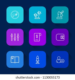 Modern, simple vector icon set on colorful long shadow backgrounds with rocket, cash, business, communication, sale, earth, tropical, forbidden, status, exotic, coconut, plant, no, tree, open icons.