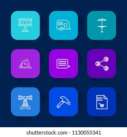 Modern, simple vector icon set on colorful long shadow backgrounds with equipment, notebook, light, ocean, wooden, bar, saxophone, car, list, communication, wildlife, coffee, supermarket, cafe icons.