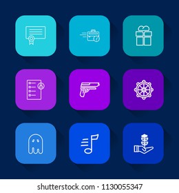 Modern, Simple Vector Icon Set On Colorful Long Shadow Backgrounds With Computer, Honor, Weapon, Fear, Growth, Melody, Internet, Ship, Diploma, Music, Rudder, Package, Late, Firearm, Award, Box Icons.