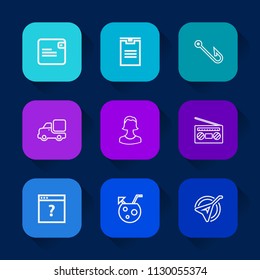 Modern, simple vector icon set on colorful long shadow backgrounds with money, dollar, wallet, fishing, modern, internet, business, radio, sound, transportation, unknown, record, fish, white icons.