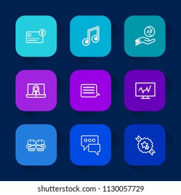 Modern, simple vector icon set on colorful long shadow backgrounds with hand, bubble, communication, musical, clef, purchase, currency, music, ribbon, diagnostic, melody, card, note, glove icons.