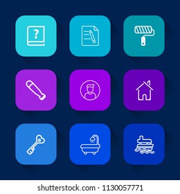 Modern, simple vector icon set on colorful long shadow backgrounds with roller, internet, house, roll, baseball, paint, file, security, contract, ocean, pen, male, bat, wood, sign, old, white icons.