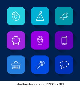 Modern, simple vector icon set on colorful long shadow backgrounds with technology, cafe, tool, meteorology, chat, thermometer, sound, speech, phone, sale, loud, message, celsius, cook, food icons.
