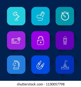Modern, simple vector icon set on colorful long shadow backgrounds with route, game, ben, bank, watch, location, strategy, map, illumination, science, direction, electric, credit, pole, castle icons.