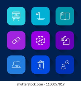 Modern, simple vector icon set on colorful long shadow backgrounds with sign, garbage, blue, information, view, banner, click, ironing, internet, cortes, link, trash, online, infographic, up icons.