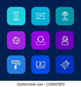 Modern, simple vector icon set on colorful long shadow backgrounds with team, school, blank, coin, hour, office, movie, minute, countdown, sand, tool, sun, hourglass, business, umbrella, timer icons.