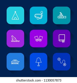 Modern, simple vector icon set on colorful long shadow backgrounds with plastic, transparent, bottle, travel, adventure, ocean, sea, snorkel, map, position, camp, point, flipper, nature, study icons.