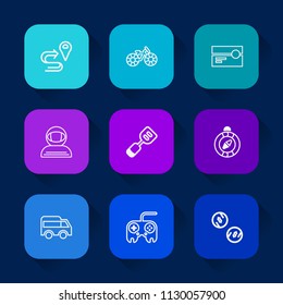 Modern, simple vector icon set on colorful long shadow backgrounds with pedal, space, location, gps, music, ride, utensil, cassette, arrow, web, spacesuit, cycle, currency, finance, bicycle icons.