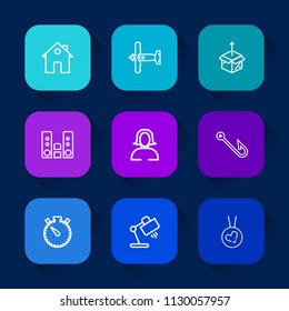 Modern, simple vector icon set on colorful long shadow backgrounds with aircraft, fashion, love, lady, player, house, fly, fish, girl, audio, sound, timer, rod, necklace, war, table, interior icons.