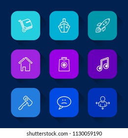 Modern, simple vector icon set on colorful long shadow backgrounds with suitcase, transport, tool, architecture, terminal, airport, cargo, screwdriver, baggage, transportation, ship, message icons.