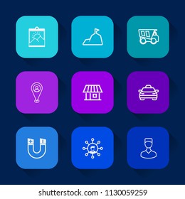 Modern, simple vector icon set on colorful long shadow backgrounds with house, transport, dumper, truck, home, border, photo, hill, science, map, technology, nature, business, pole, taxi, sky icons.