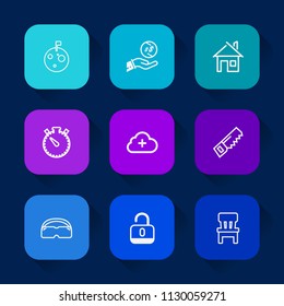 Modern, simple vector icon set on colorful long shadow backgrounds with chair, cash, room, dollar, finance, currency, time, astronaut, estate, timer, home, saw, clock, wealth, lock, galaxy, add icons.